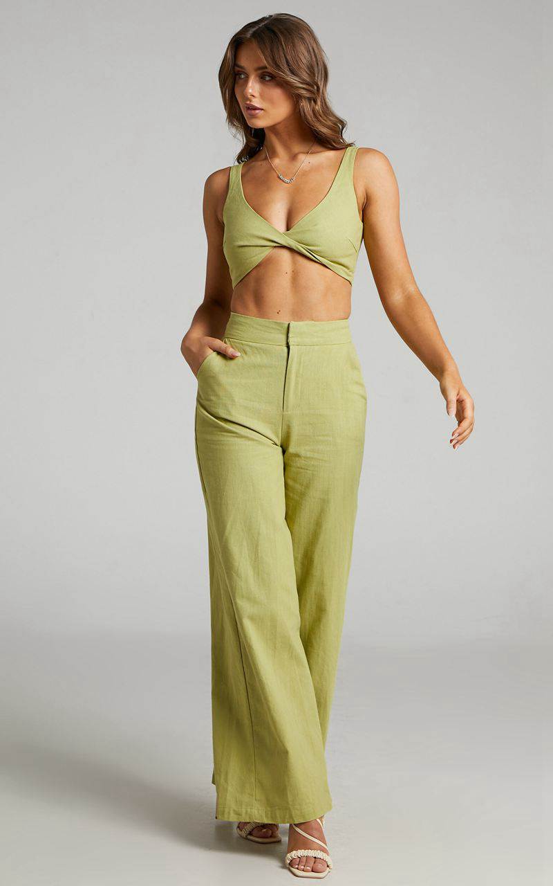 Showpo Kingston Two Piece Set - Twist Front Twill And Wide Leg Pants Set Green | XITYBK967