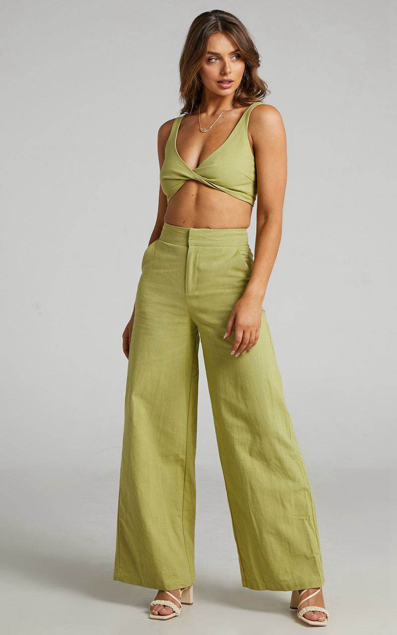 Showpo Kingston Two Piece Set - Twist Front Twill And Wide Leg Pants Set Green | XITYBK967