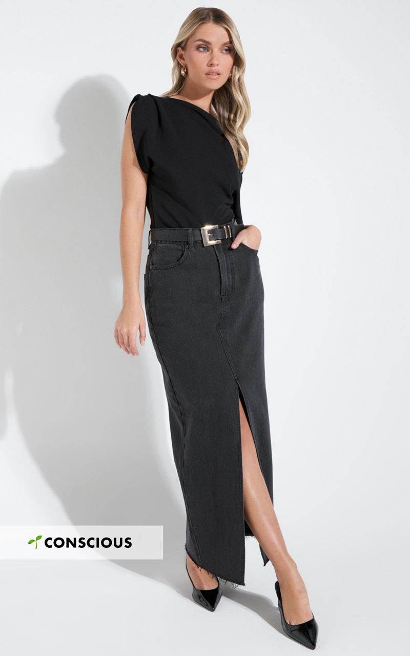 Showpo Kira Midi Skirt - Front Split Denim Skirt Washed Black | CFLJBT192