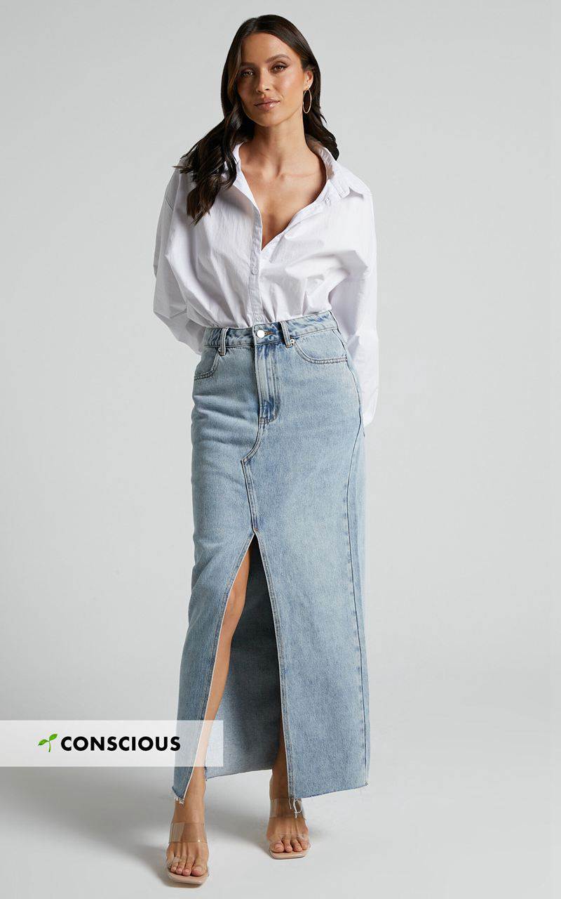 Showpo Kira Midi Skirt - Front Split Denim Skirt Light Blue Wash | XQCHMW240