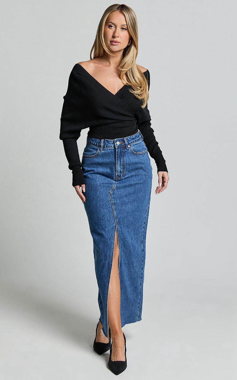 Showpo Kira Midi Skirt - Front Split Denim Skirt Dark Blue Wash | QNAFGW319