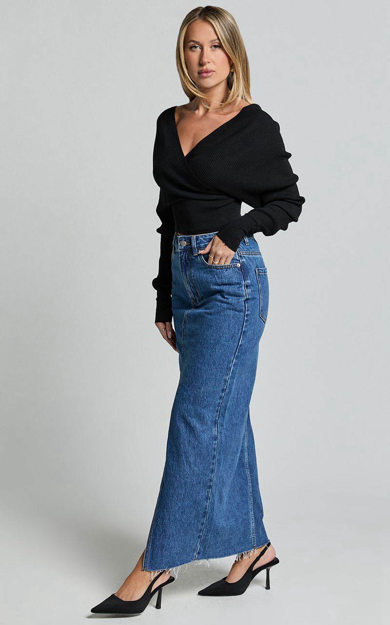 Showpo Kira Midi Skirt - Front Split Denim Skirt Dark Blue Wash | QNAFGW319