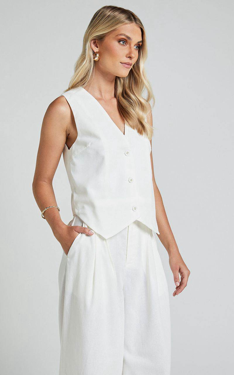 Showpo Kiraye Top - Linen Look Button Through Vest Off White | ITOBXU790