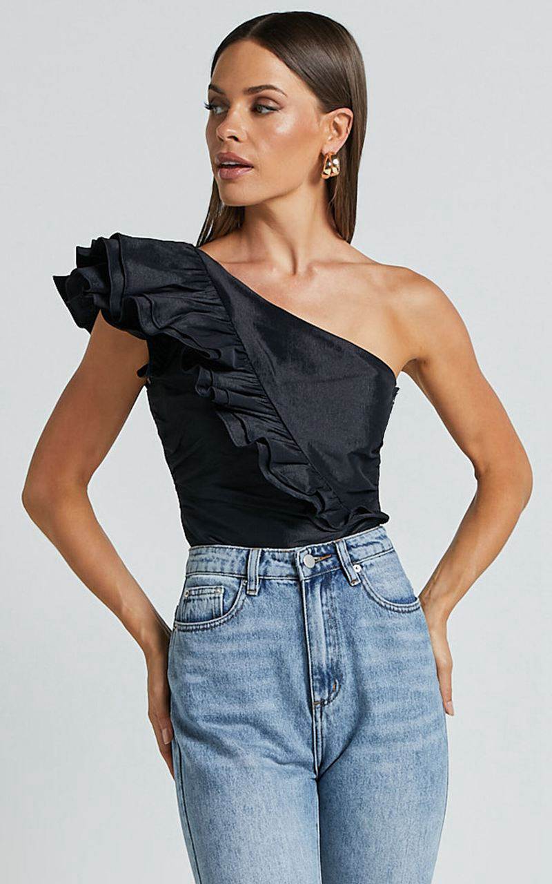 Showpo Kirby Top - One Shoulder Frill Top Black | OZRJPH563