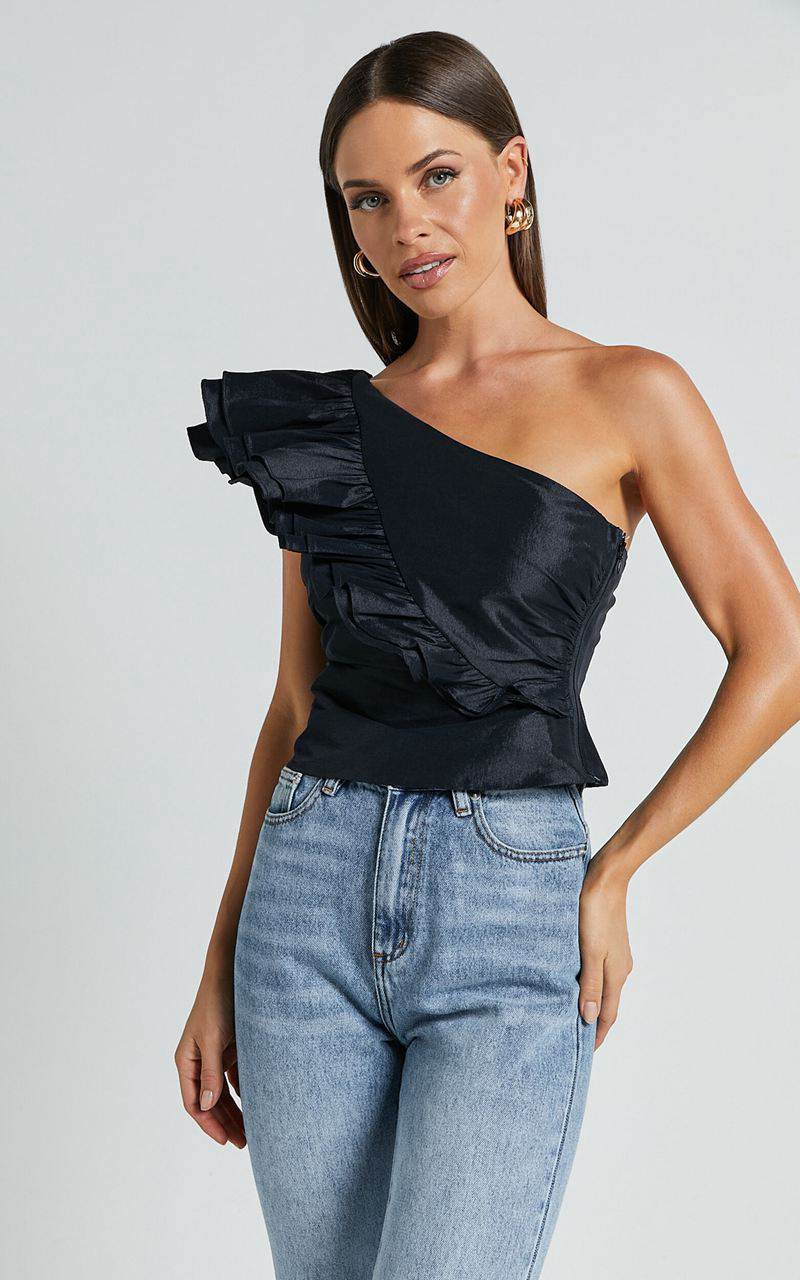 Showpo Kirby Top - One Shoulder Frill Top Black | OZRJPH563