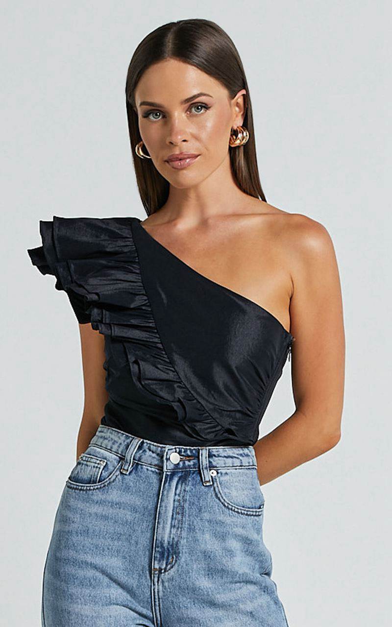 Showpo Kirby Top - One Shoulder Frill Top Black | OZRJPH563