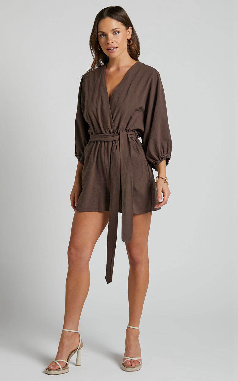 Showpo Kiro Playsuit - Linen Look V Neck Puff Sleeve Tie Waist Playsuit Chocolate | FKLDMZ205