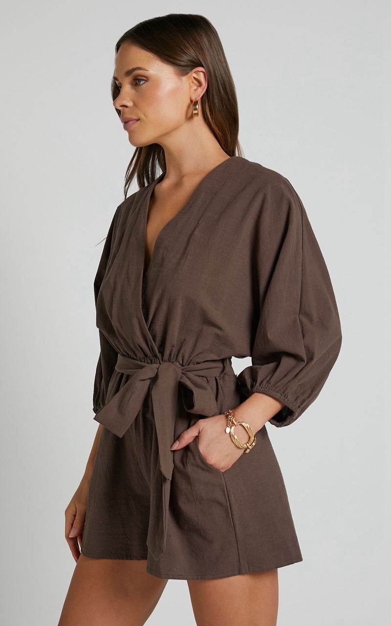 Showpo Kiro Playsuit - Linen Look V Neck Puff Sleeve Tie Waist Playsuit Chocolate | FKLDMZ205