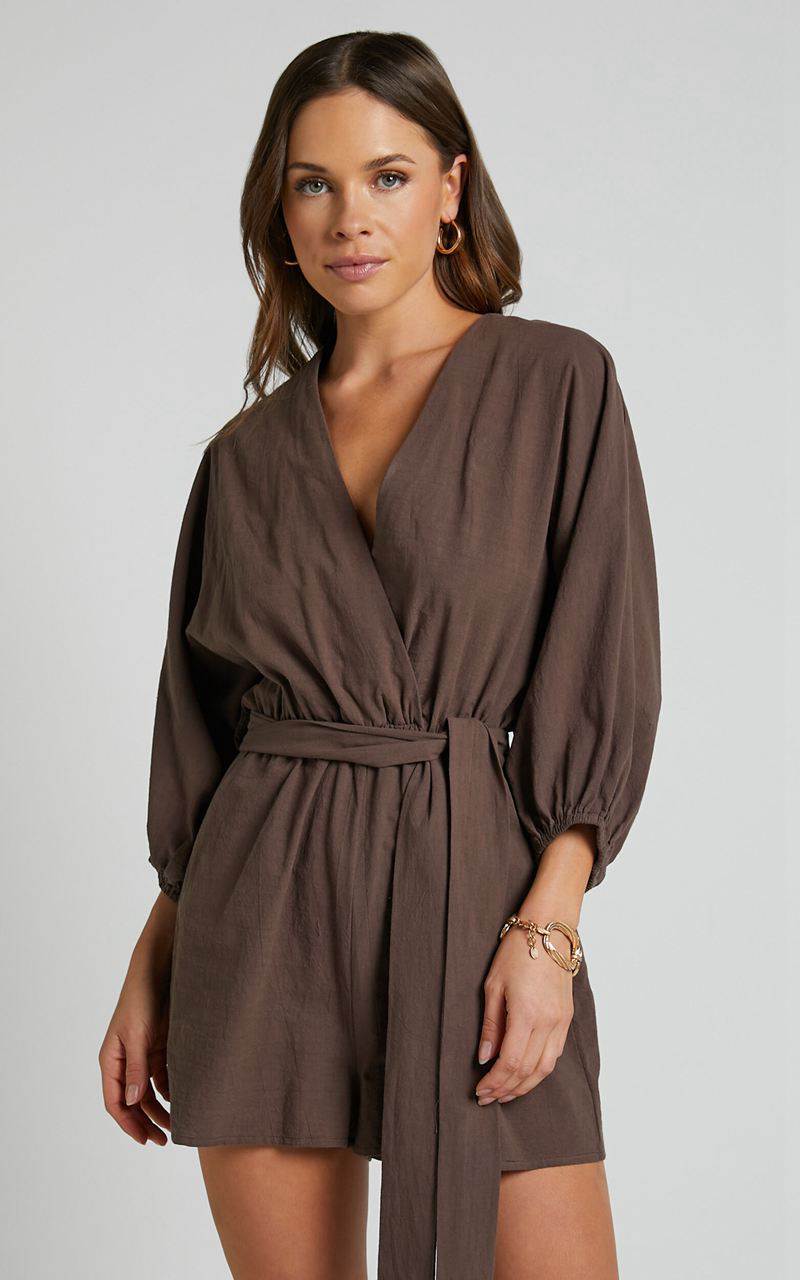 Showpo Kiro Playsuit - Linen Look V Neck Puff Sleeve Tie Waist Playsuit Chocolate | FKLDMZ205