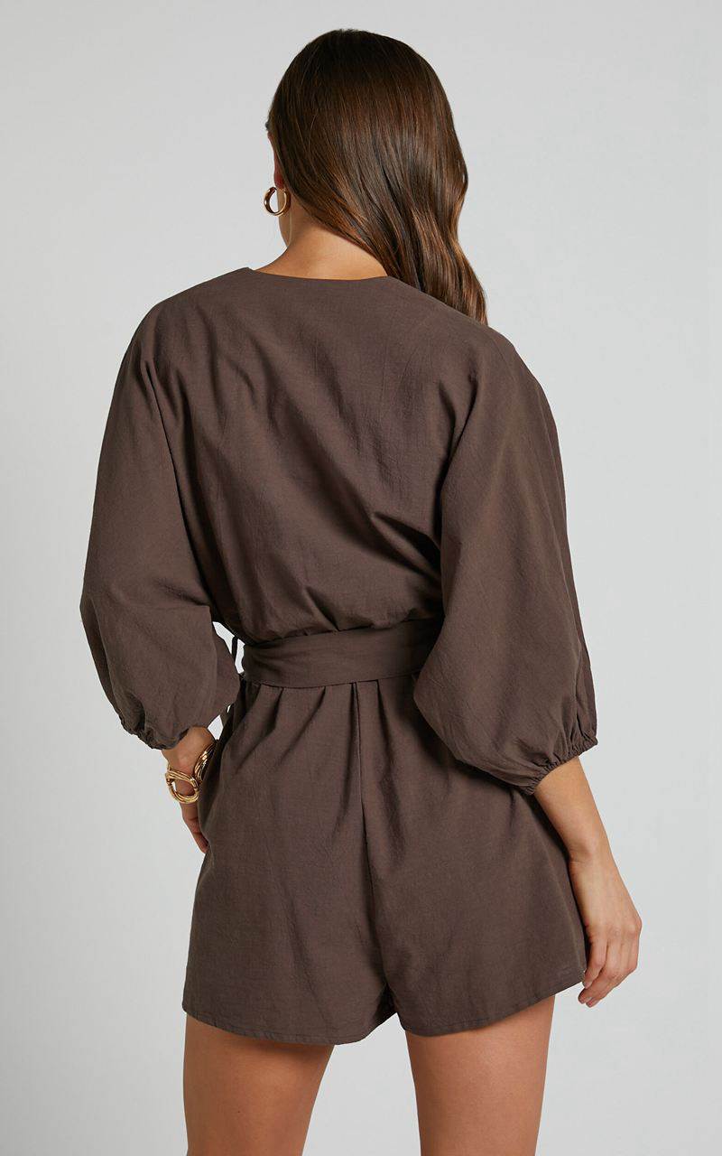 Showpo Kiro Playsuit - Linen Look V Neck Puff Sleeve Tie Waist Playsuit Chocolate | FKLDMZ205