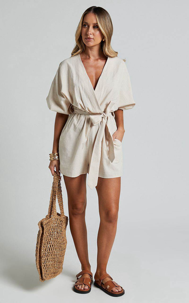 Showpo Kiro Playsuit - Linen Look V Neck Puff Sleeve Tie Waist Playsuit Biscuit | CDOIRW192