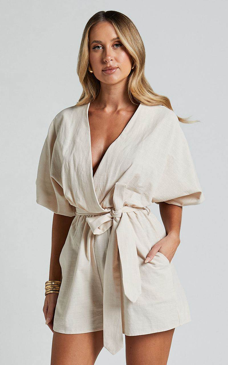 Showpo Kiro Playsuit - Linen Look V Neck Puff Sleeve Tie Waist Playsuit Biscuit | CDOIRW192