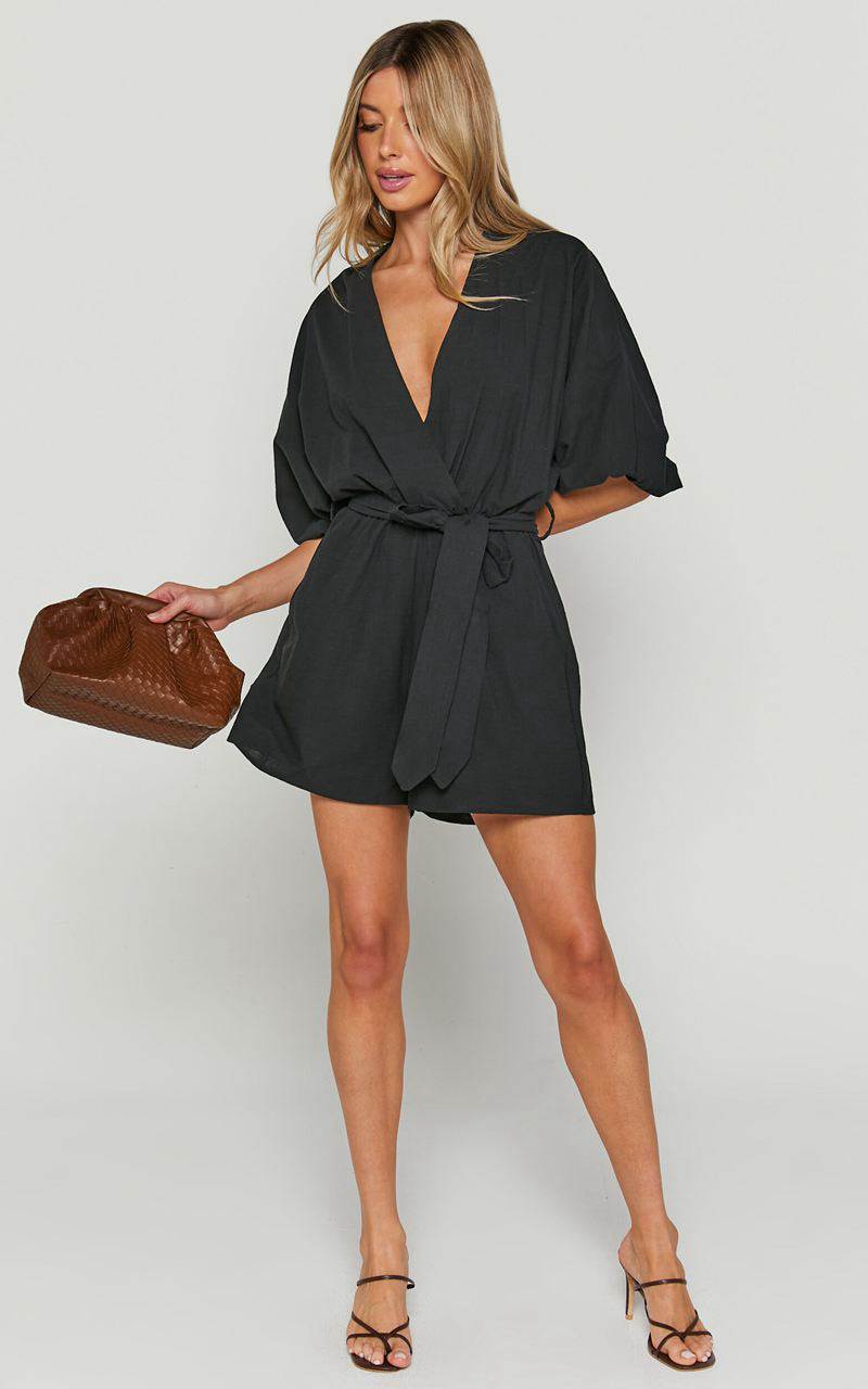 Showpo Kiro Playsuit - Linen Look V Neck Puff Sleeve Tie Waist Playsuit Black | NKZGJU312