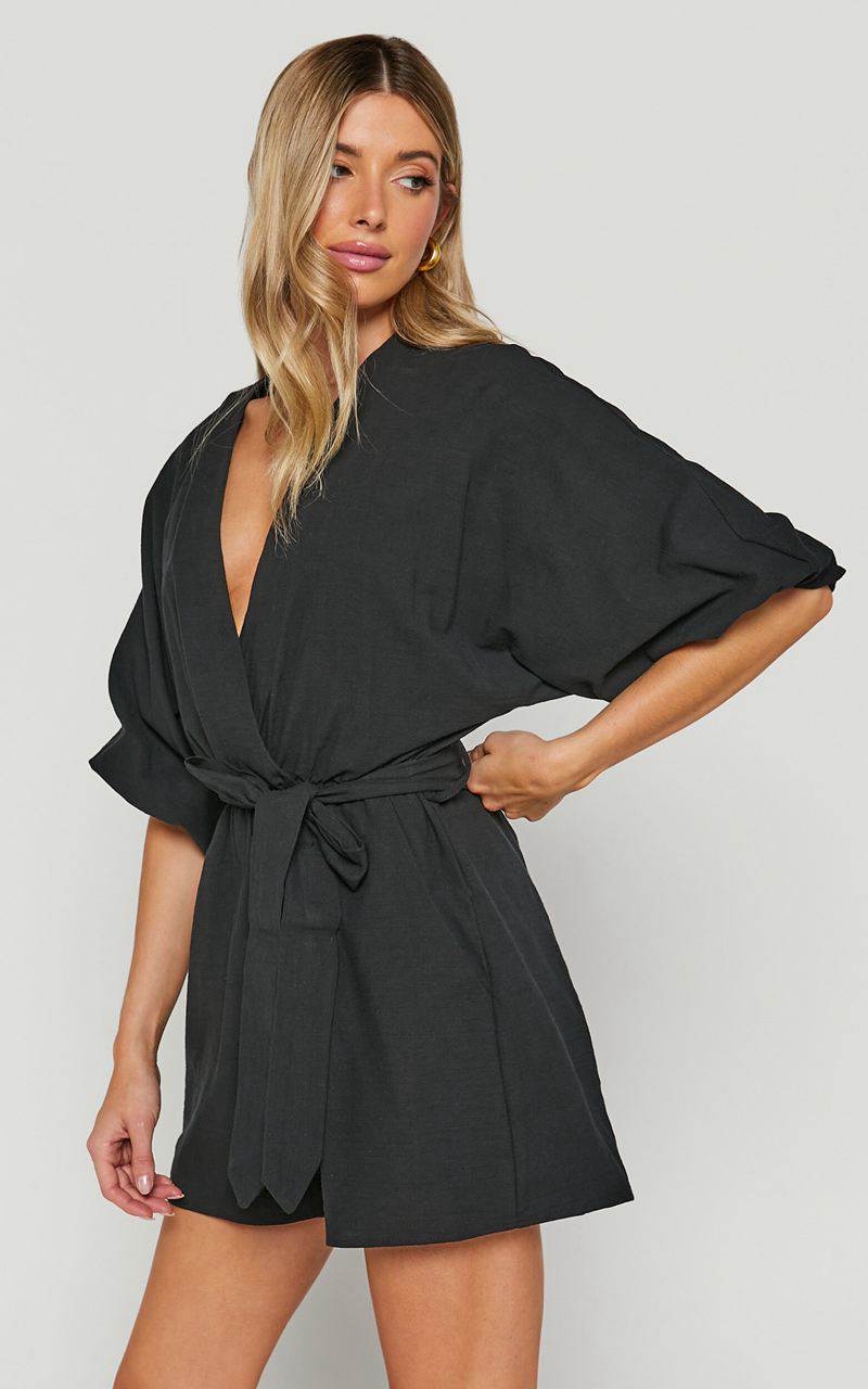 Showpo Kiro Playsuit - Linen Look V Neck Puff Sleeve Tie Waist Playsuit Black | NKZGJU312