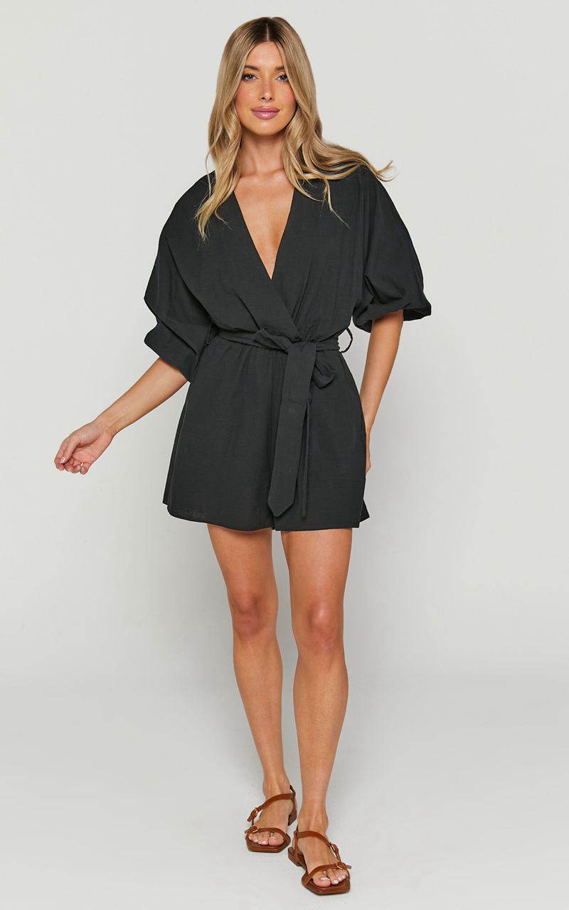 Showpo Kiro Playsuit - Linen Look V Neck Puff Sleeve Tie Waist Playsuit Black | NKZGJU312