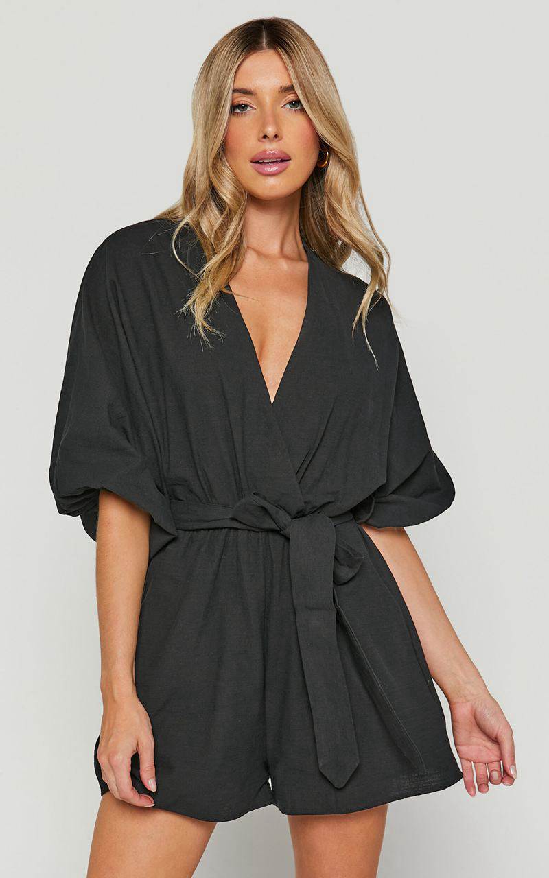 Showpo Kiro Playsuit - Linen Look V Neck Puff Sleeve Tie Waist Playsuit Black | NKZGJU312