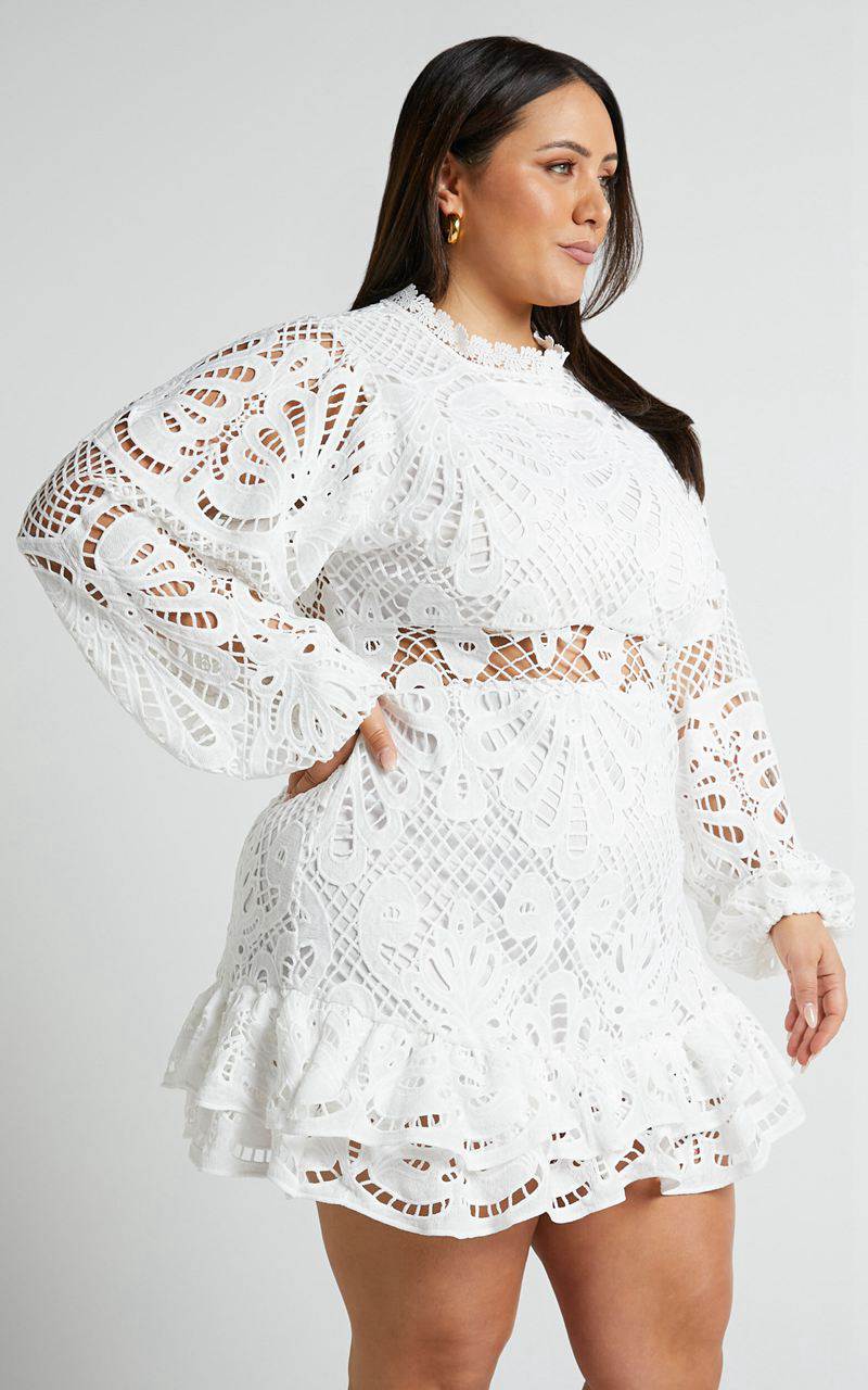 Showpo Kiss Me Now Mini Dress - Long Puff Sleeve Dress White Lace | SRJMIC764