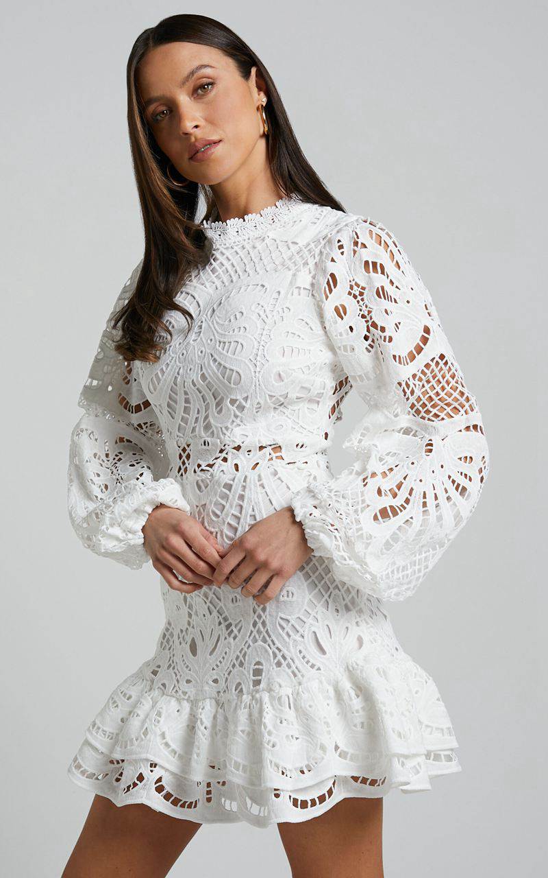 Showpo Kiss Me Now Mini Dress - Long Puff Sleeve Dress White Lace | SRJMIC764