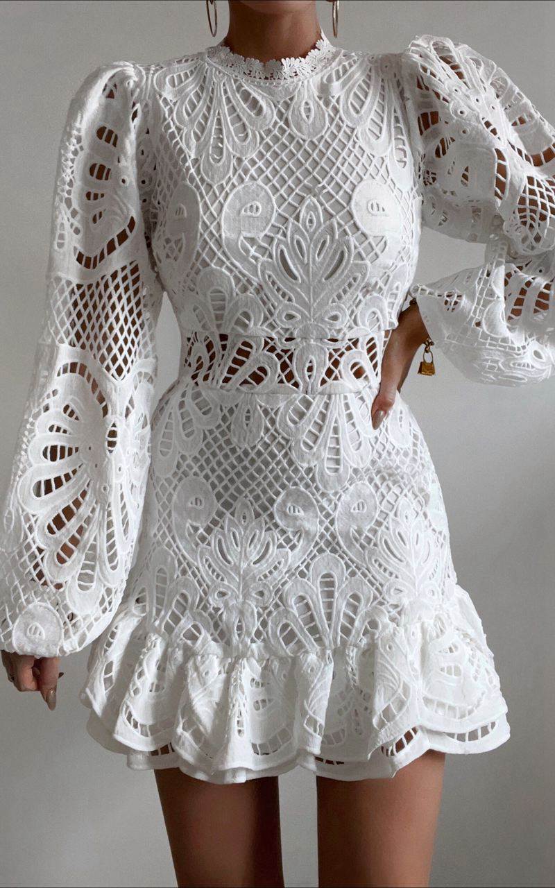 Showpo Kiss Me Now Mini Dress - Long Puff Sleeve Dress White Lace | SRJMIC764