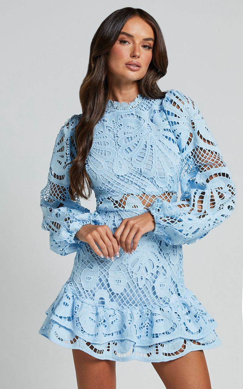 Showpo Kiss Me Now Mini Dress - Long Puff Sleeve Dress Soft Blue | ZNWCLQ986