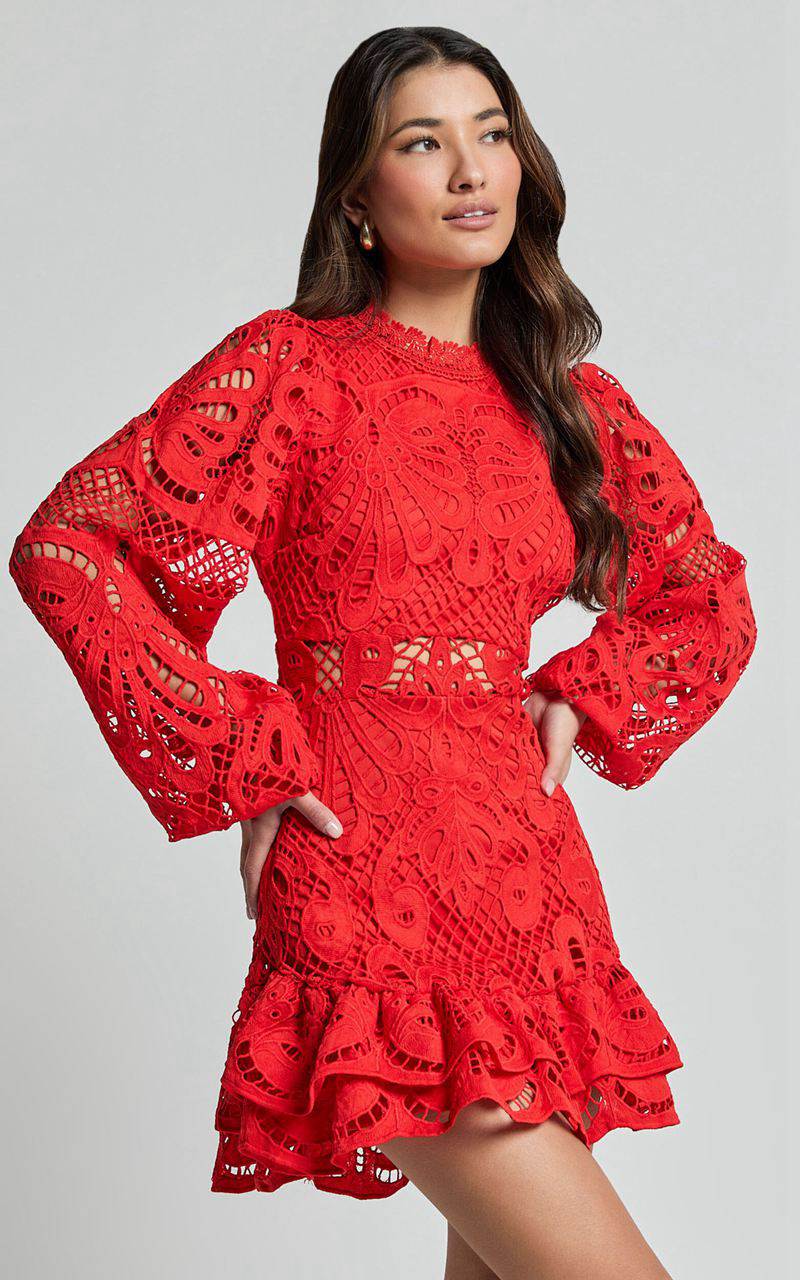 Showpo Kiss Me Now Mini Dress - Long Puff Sleeve Dress Red Floral | OWZXAE237