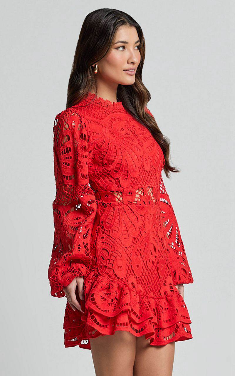 Showpo Kiss Me Now Mini Dress - Long Puff Sleeve Dress Red Floral | OWZXAE237