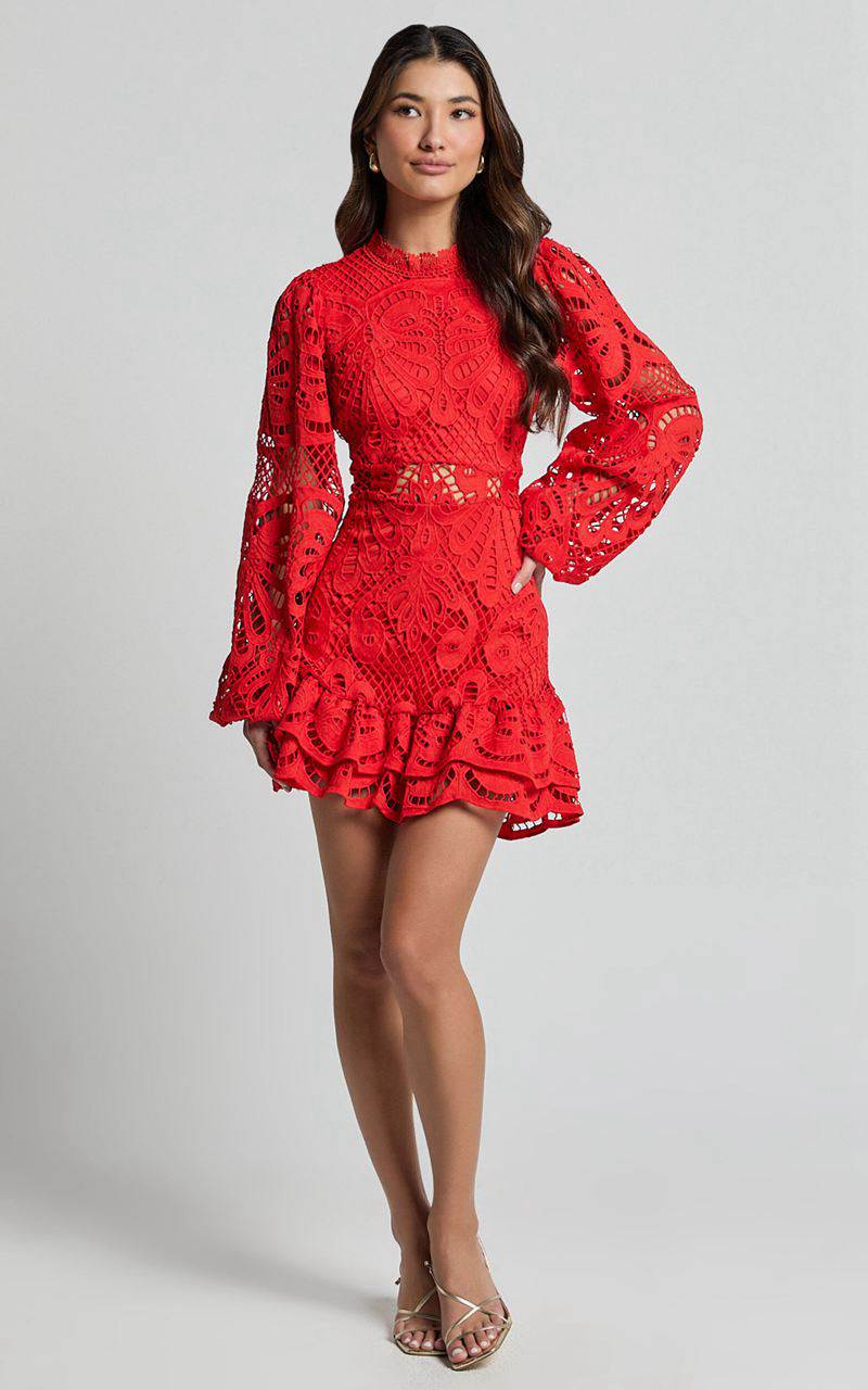 Showpo Kiss Me Now Mini Dress - Long Puff Sleeve Dress Red Floral | OWZXAE237