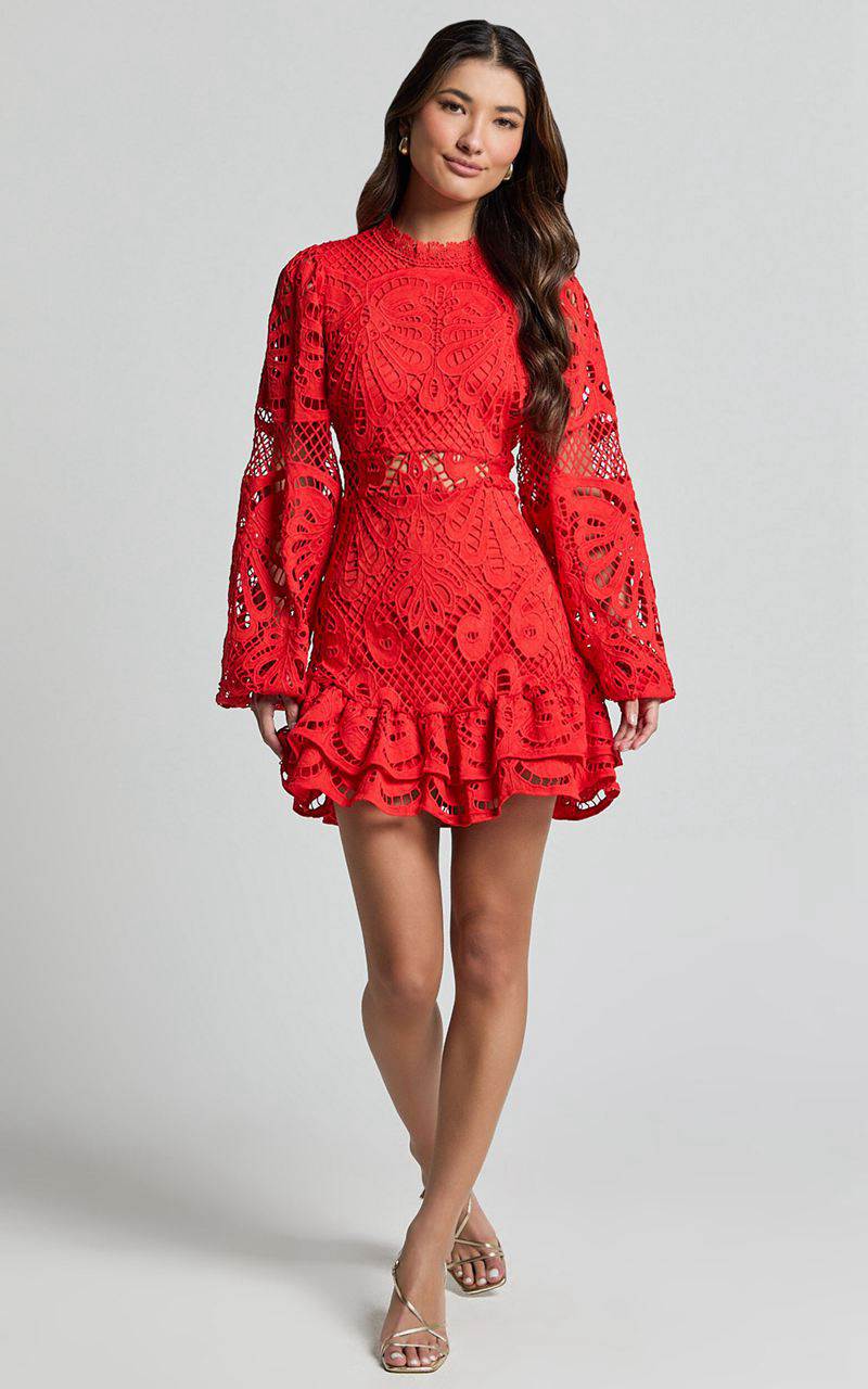 Showpo Kiss Me Now Mini Dress - Long Puff Sleeve Dress Red Floral | OWZXAE237