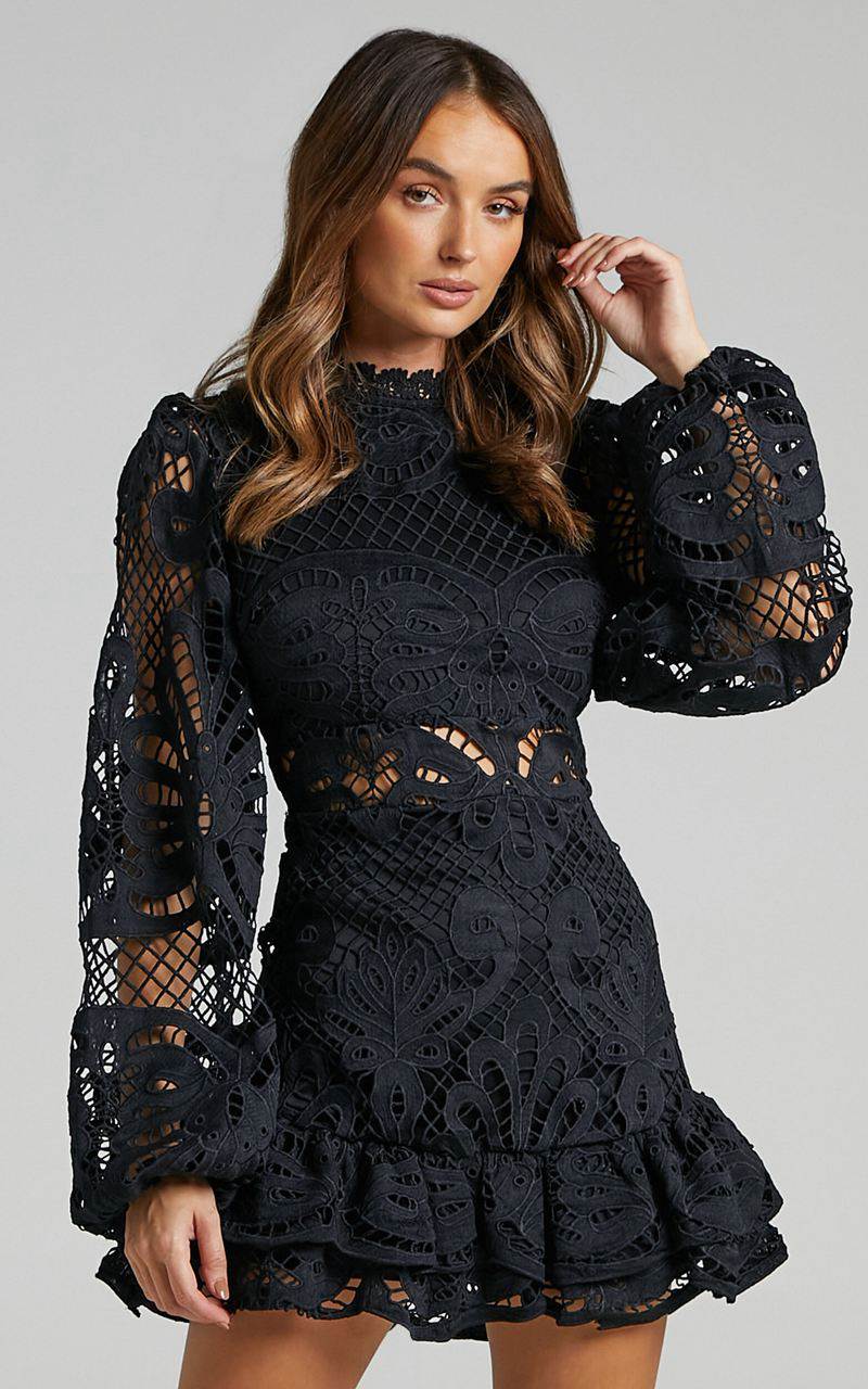 Showpo Kiss Me Now Mini Dress - Long Puff Sleeve Dress Black Lace | YIZUDM948