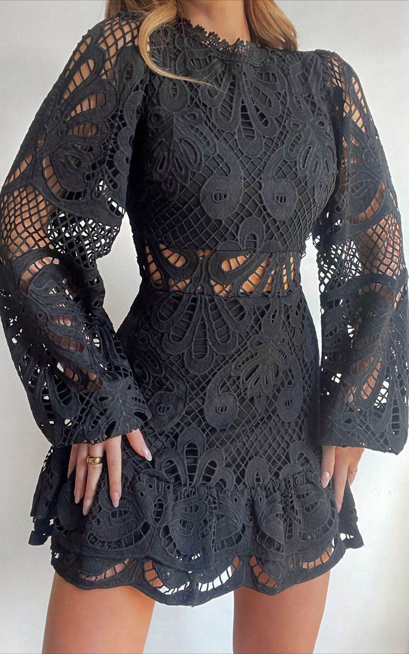 Showpo Kiss Me Now Mini Dress - Long Puff Sleeve Dress Black Lace | YIZUDM948