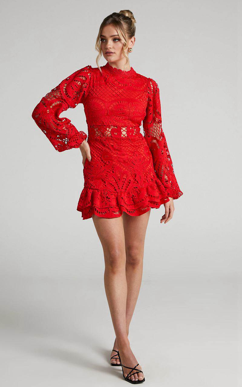 Showpo Kiss Me Now Mini Dress - Long Puff Sleeve Dress Oxy Red Lace | UHPGTD928