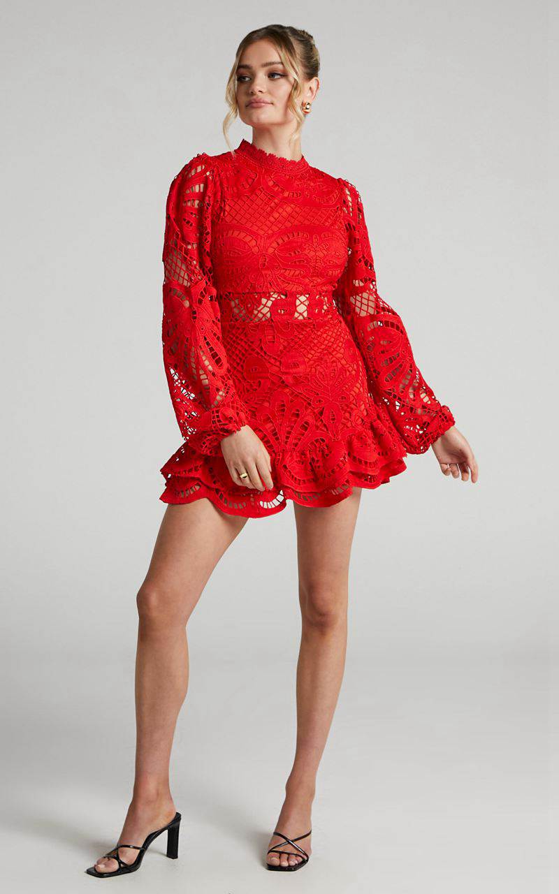 Showpo Kiss Me Now Mini Dress - Long Puff Sleeve Dress Oxy Red Lace | UHPGTD928