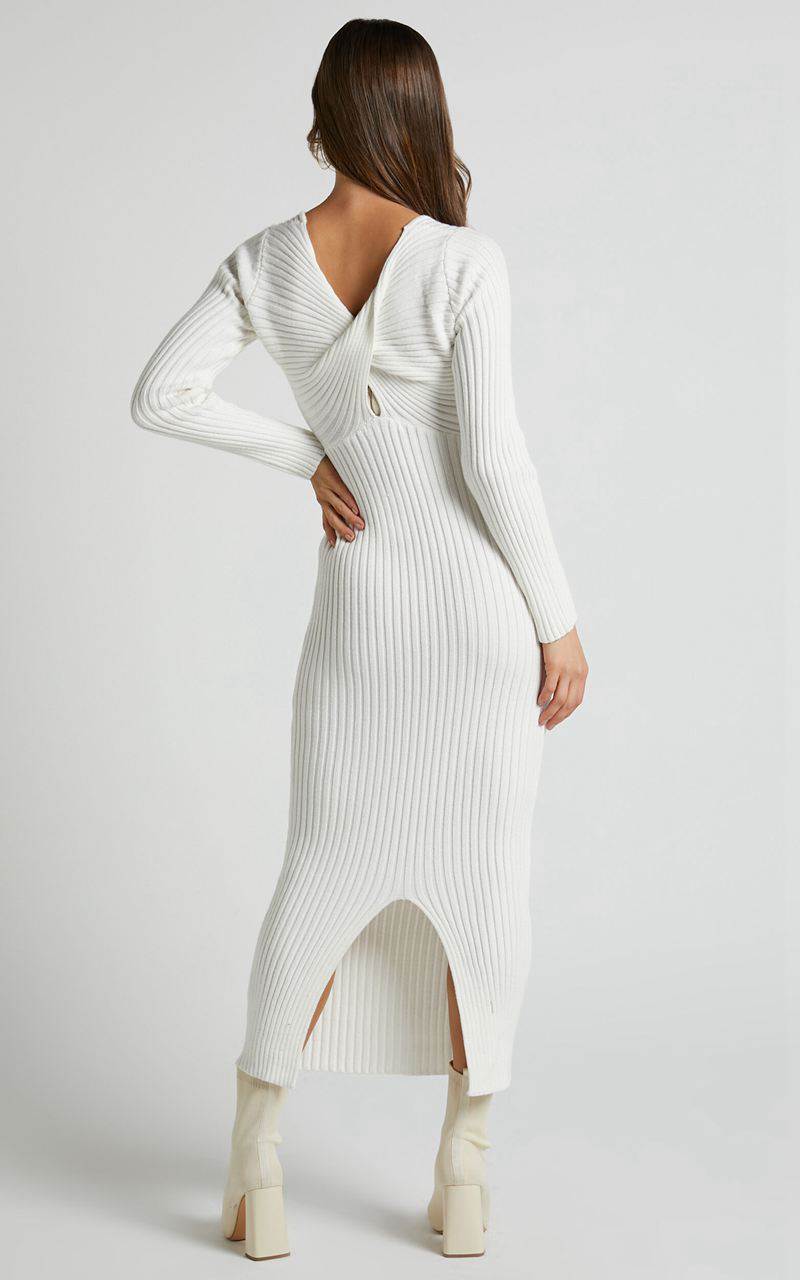 Showpo Kister Midi Dress - Long Sleeve Twist Back Dress Ivory | RQPDGK618