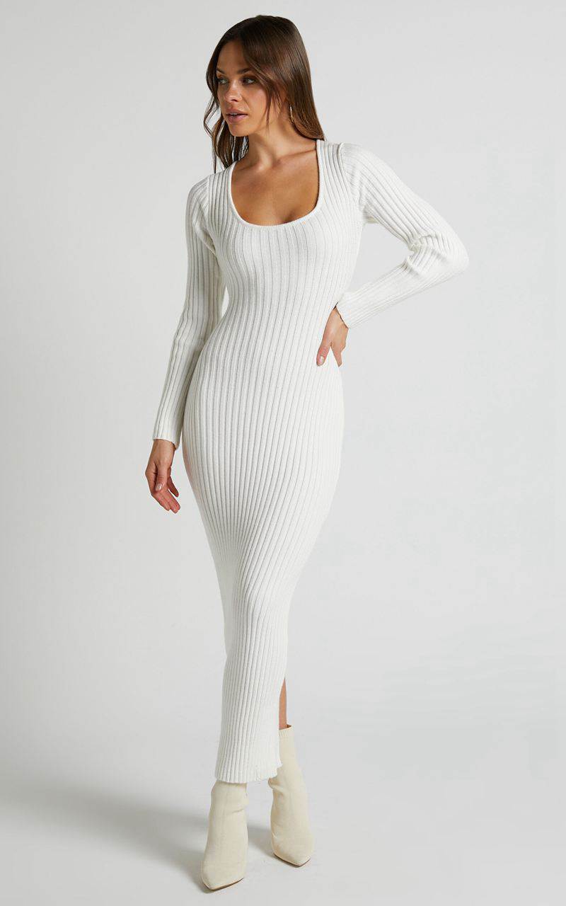 Showpo Kister Midi Dress - Long Sleeve Twist Back Dress Ivory | RQPDGK618