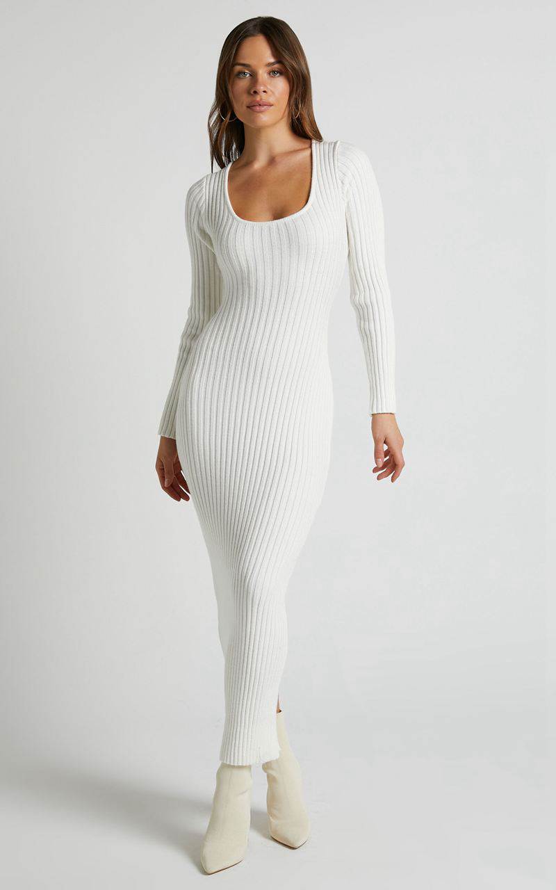 Showpo Kister Midi Dress - Long Sleeve Twist Back Dress Ivory | RQPDGK618