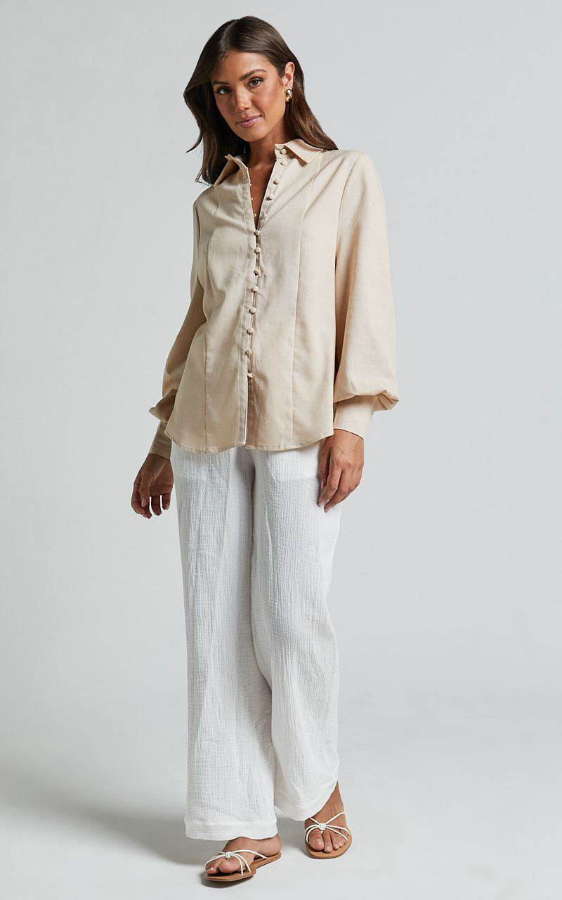 Showpo Kiva Blouse - Linen Look Long Sleeve Button Up Blouse Beige | MQTPRH758