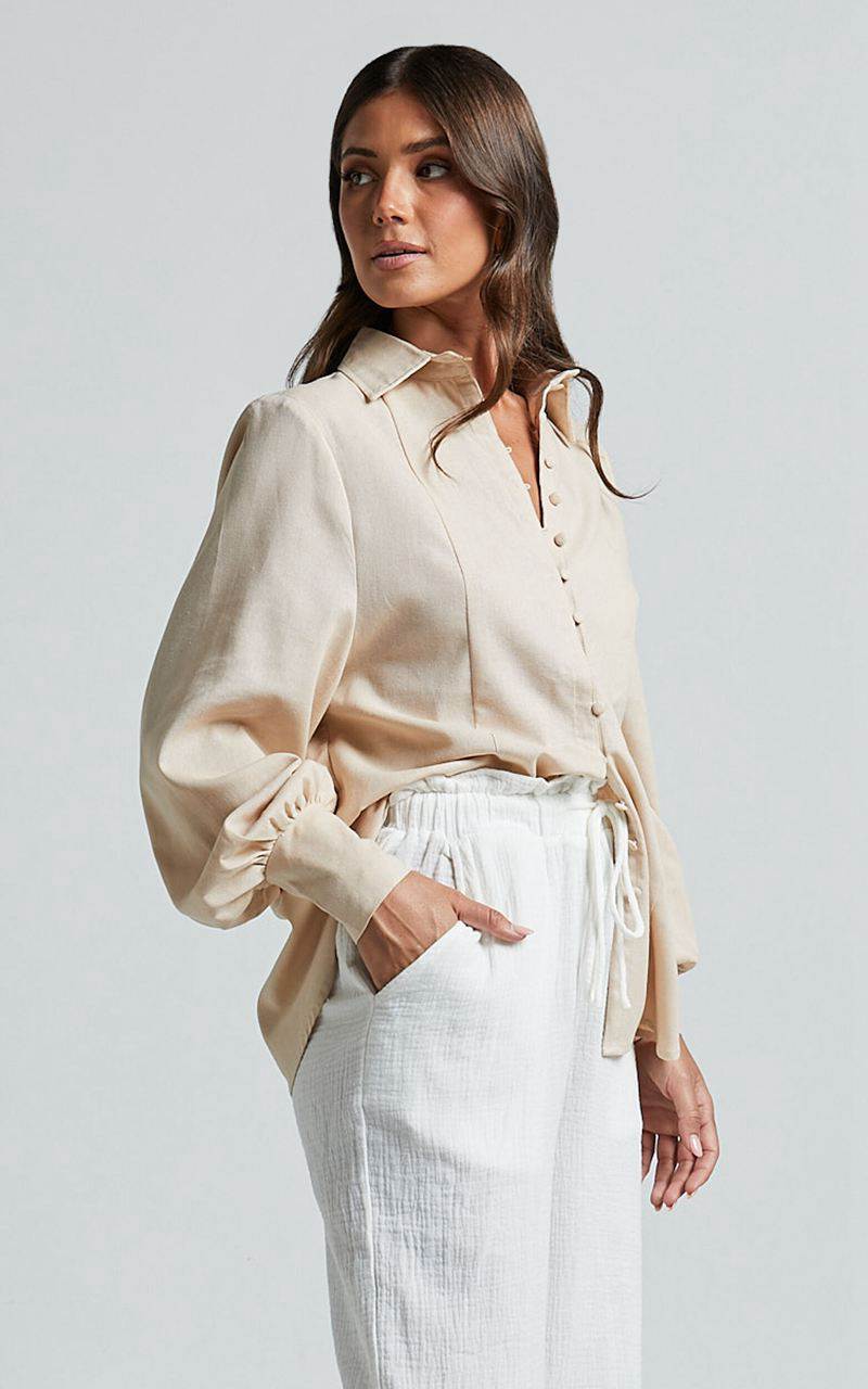 Showpo Kiva Blouse - Linen Look Long Sleeve Button Up Blouse Beige | MQTPRH758