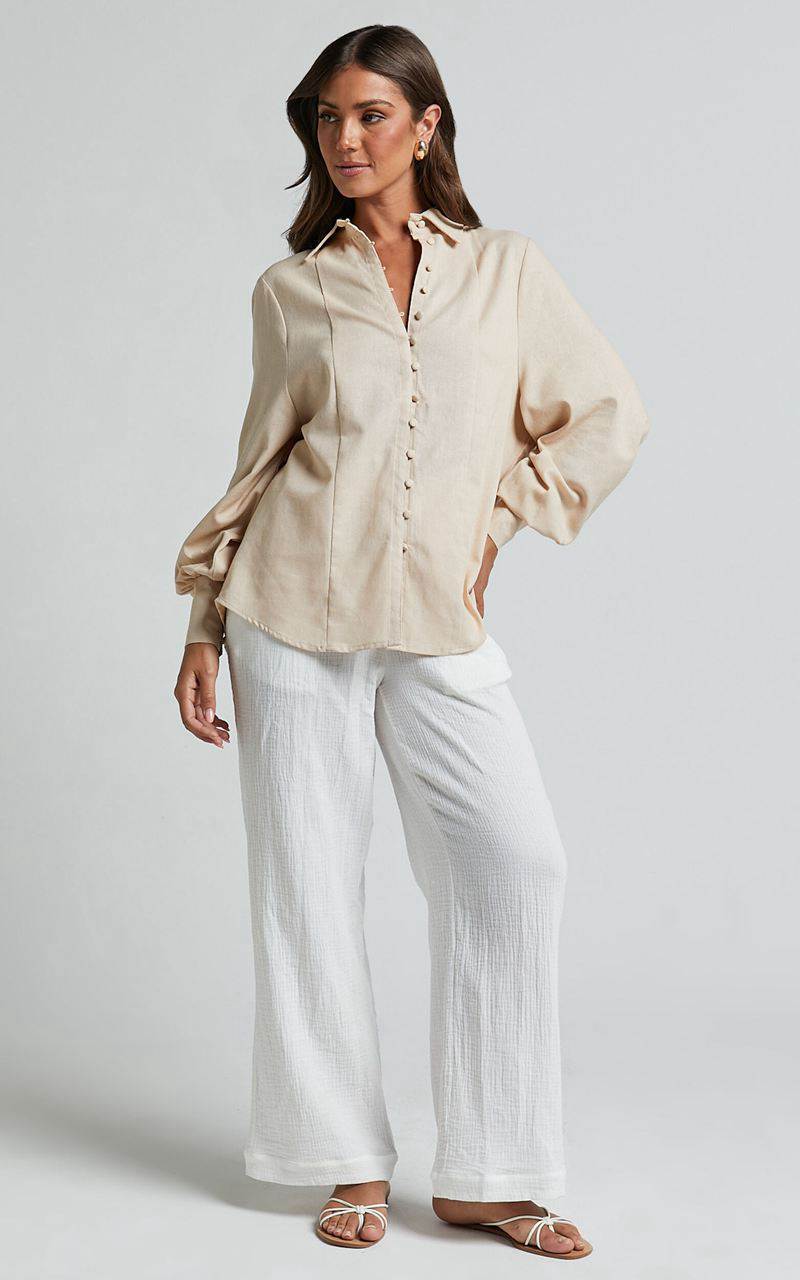 Showpo Kiva Blouse - Linen Look Long Sleeve Button Up Blouse Beige | MQTPRH758