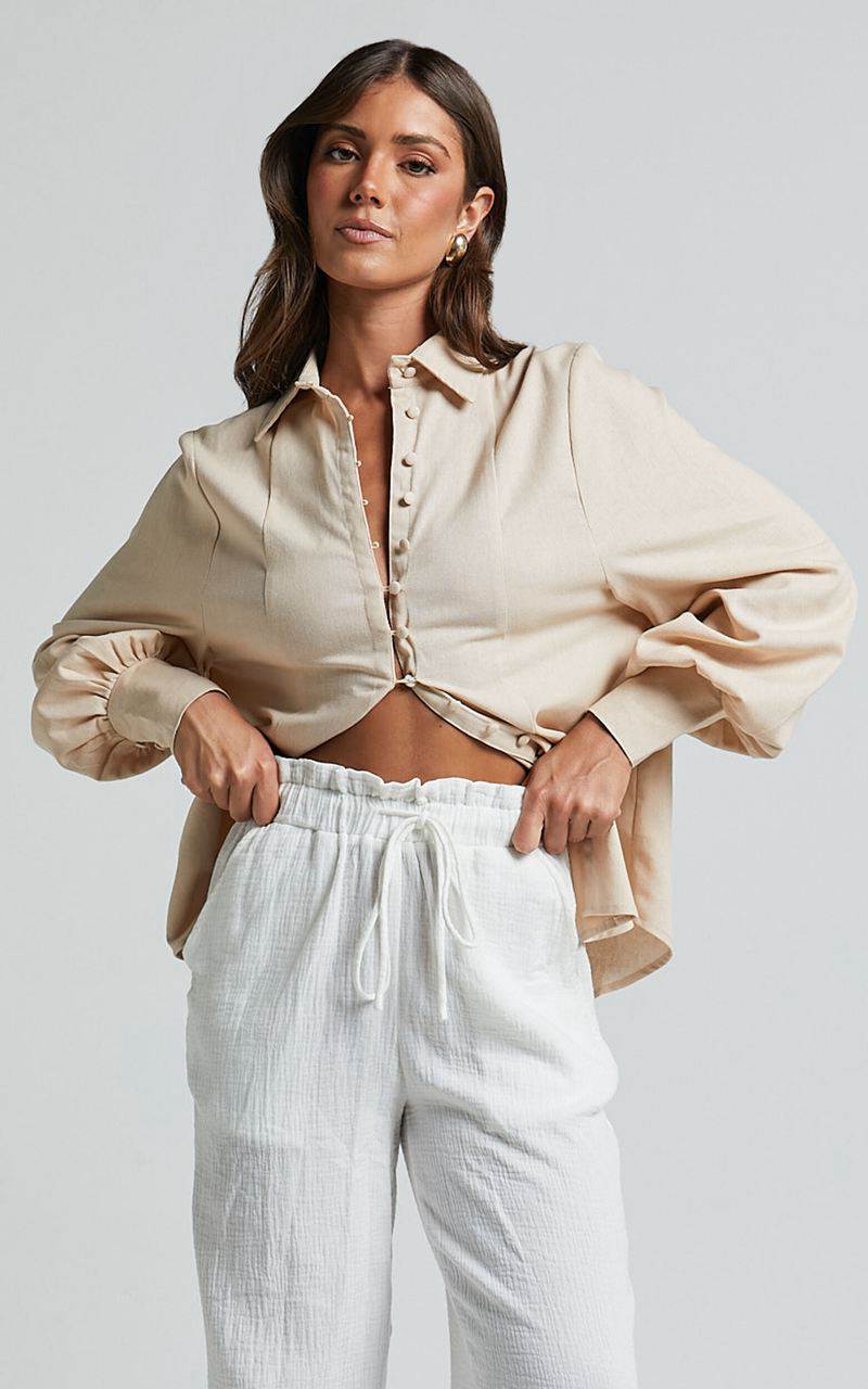 Showpo Kiva Blouse - Linen Look Long Sleeve Button Up Blouse Beige | MQTPRH758