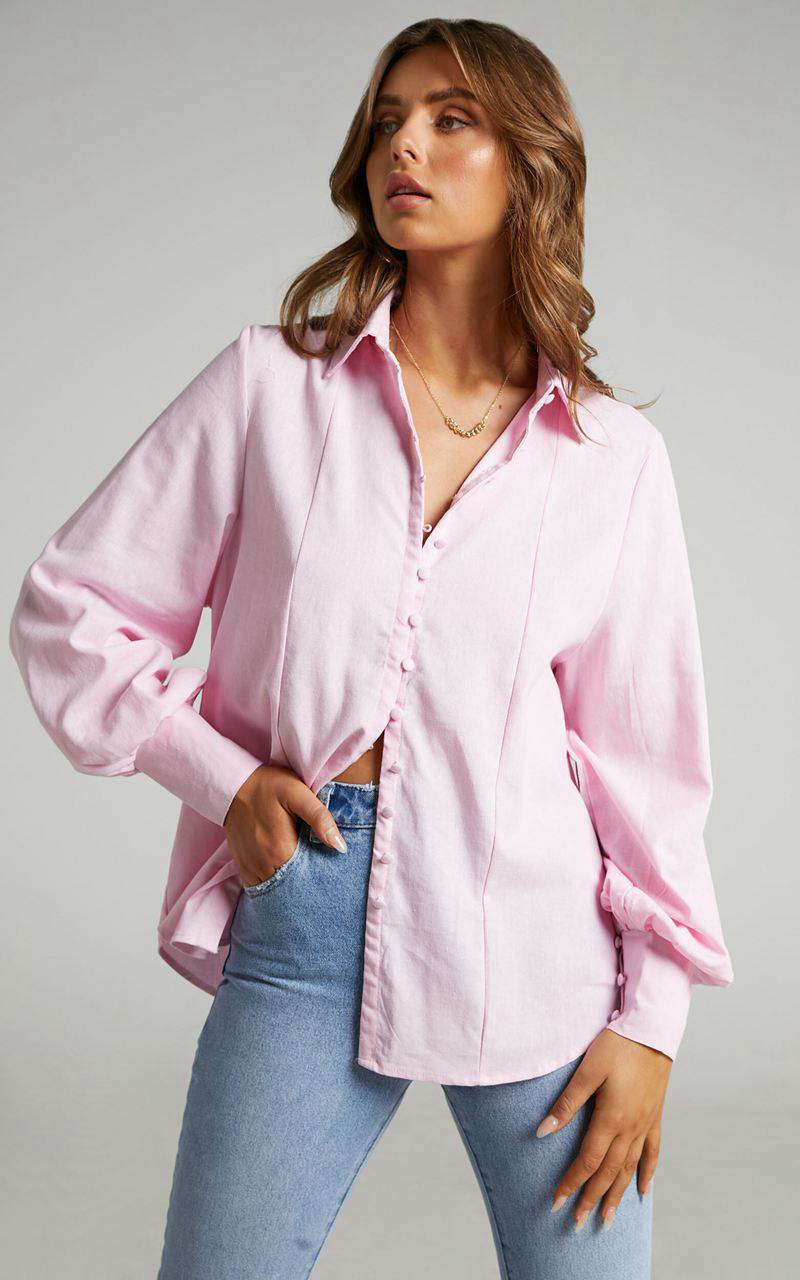 Showpo Kiva Blouse - Linen Look Long Sleeve Button Up Blouse Baby Pink | WVBEQX452