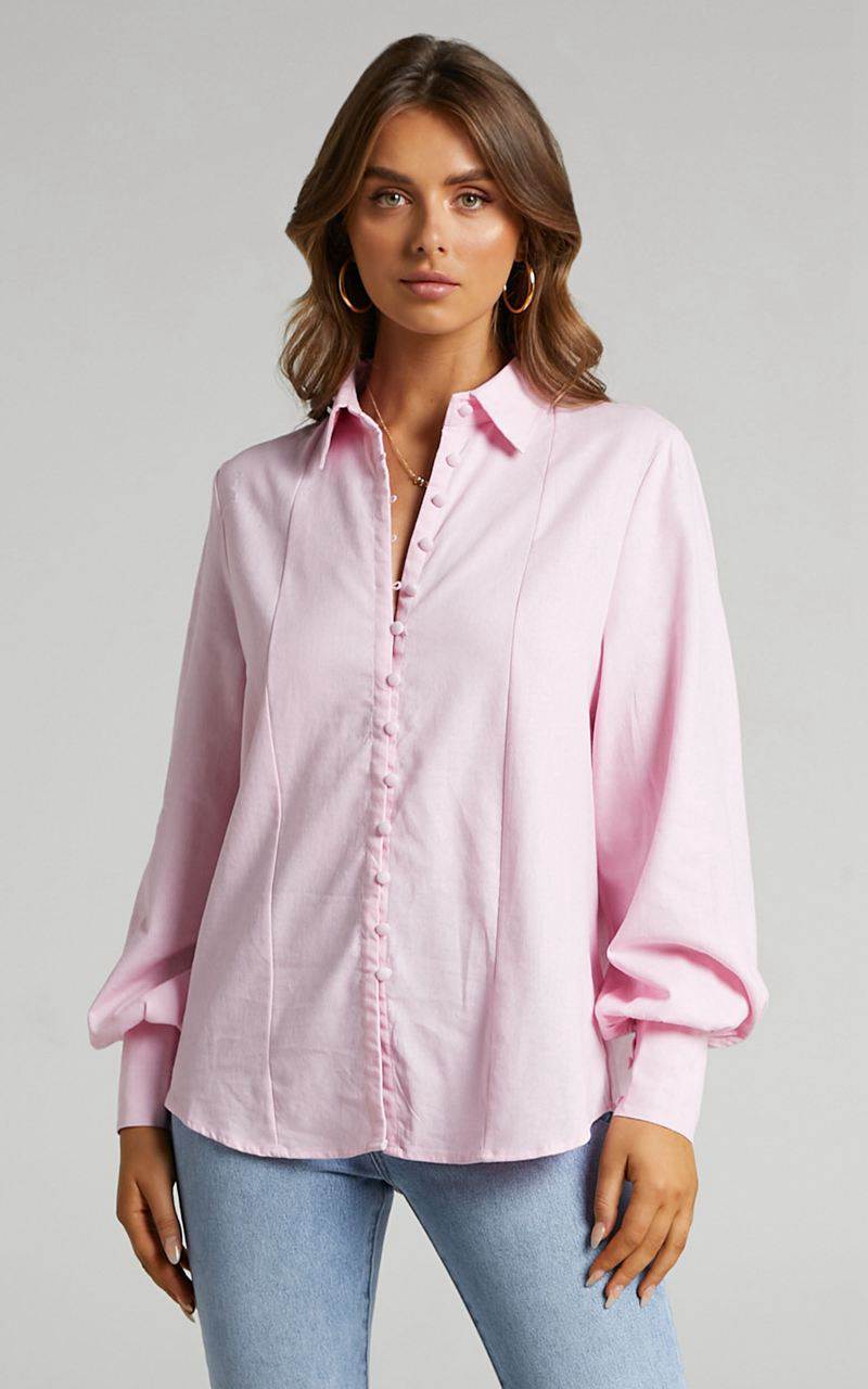 Showpo Kiva Blouse - Linen Look Long Sleeve Button Up Blouse Baby Pink | WVBEQX452