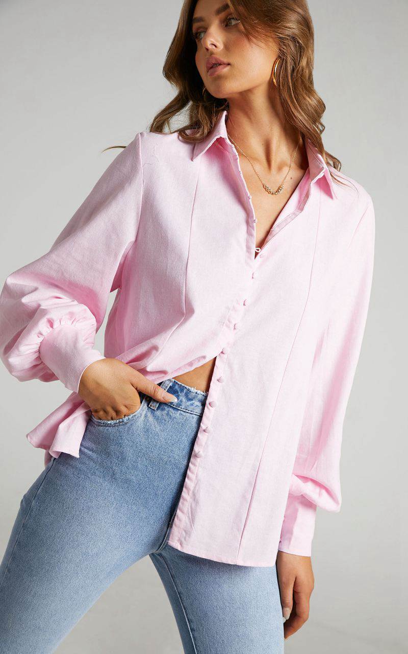 Showpo Kiva Blouse - Linen Look Long Sleeve Button Up Blouse Baby Pink | WVBEQX452