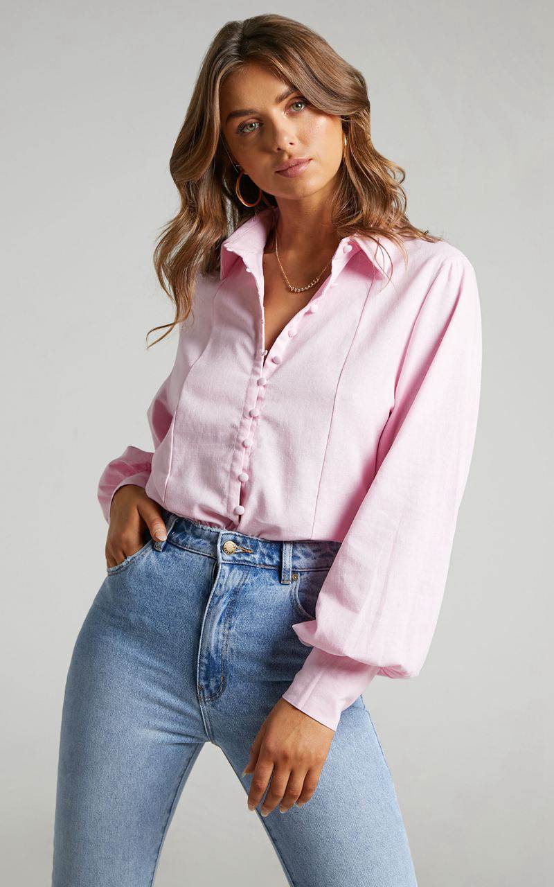 Showpo Kiva Blouse - Linen Look Long Sleeve Button Up Blouse Baby Pink | WVBEQX452