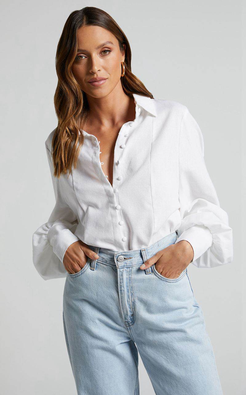 Showpo Kiva Blouse - Linen Look Long Sleeve Button Up Blouse White | PDQTFG293