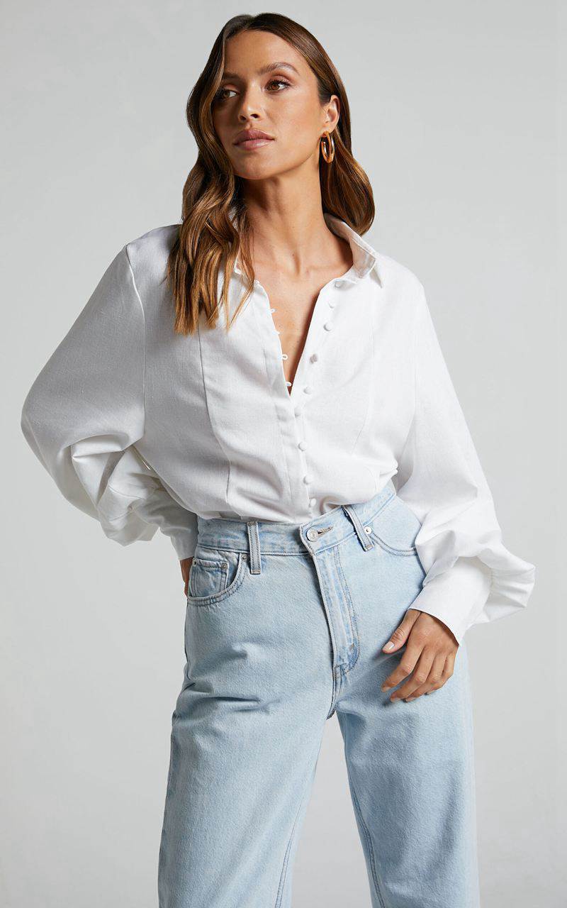 Showpo Kiva Blouse - Linen Look Long Sleeve Button Up Blouse White | PDQTFG293