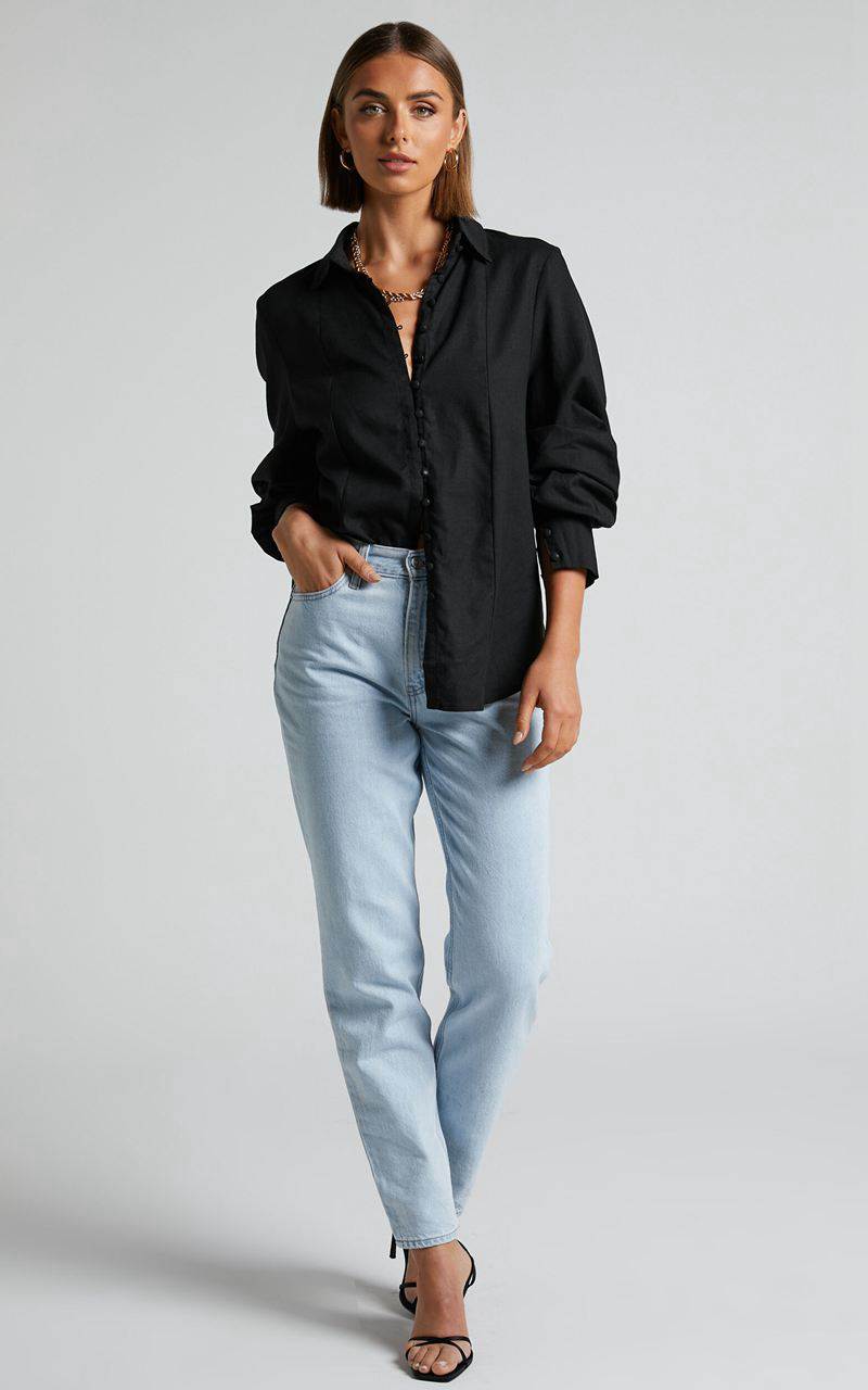 Showpo Kiva Blouse - Linen Look Long Sleeve Button Up Blouse Black | ATKJZF479