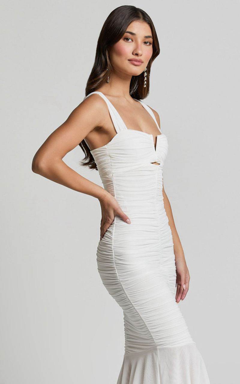 Showpo Kody Midi Dress - Bodycon Ruched Mesh Cut Out Dress White | MCBIWE620