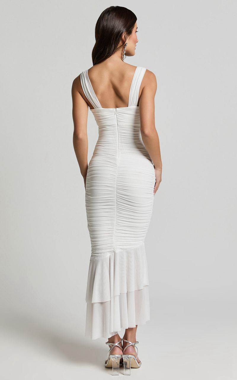 Showpo Kody Midi Dress - Bodycon Ruched Mesh Cut Out Dress White | MCBIWE620