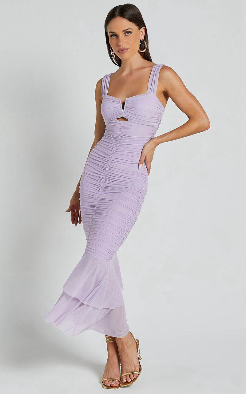 Showpo Kody Midi Dress - Bodycon Ruched Mesh Cut Out Dress Lilac | RVMAYE238