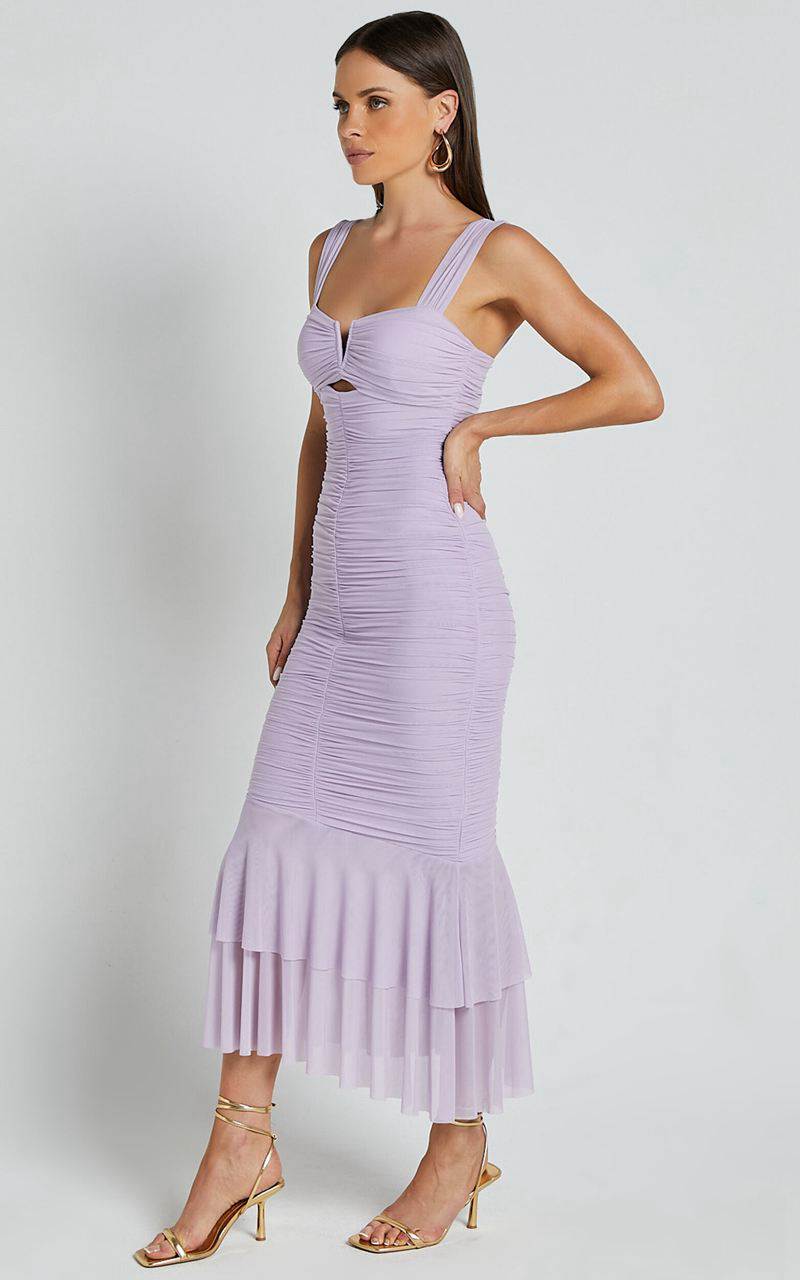 Showpo Kody Midi Dress - Bodycon Ruched Mesh Cut Out Dress Lilac | RVMAYE238